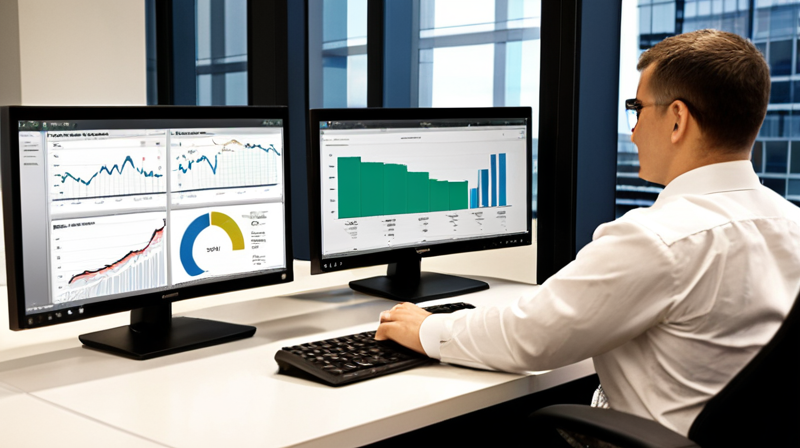 Dual-monitor workstation displaying asset allocation models and risk analysis