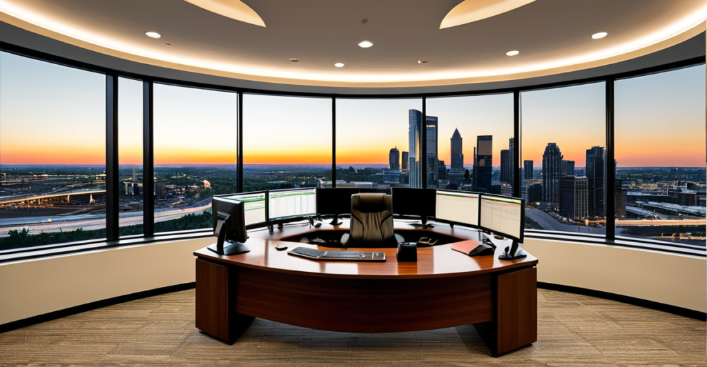 A modern wealth management terminal displaying real-time portfolio data and asset allocation charts on a curved monitor.
