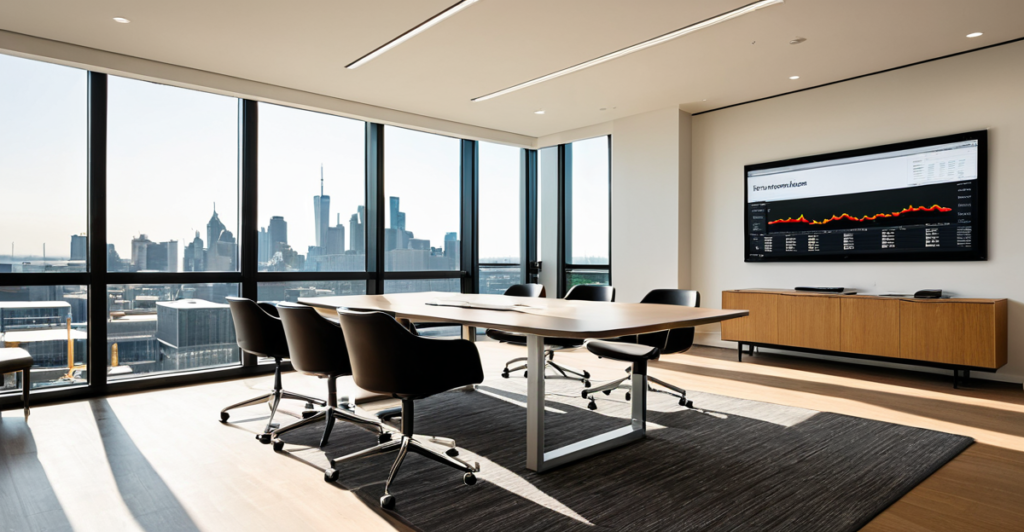 Modern wealth management office with digital portfolio dashboards displaying investment allocations.