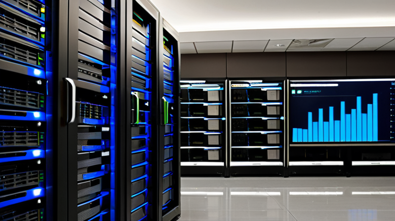 High-performance server racks in a secure data center representing digital infrastructure