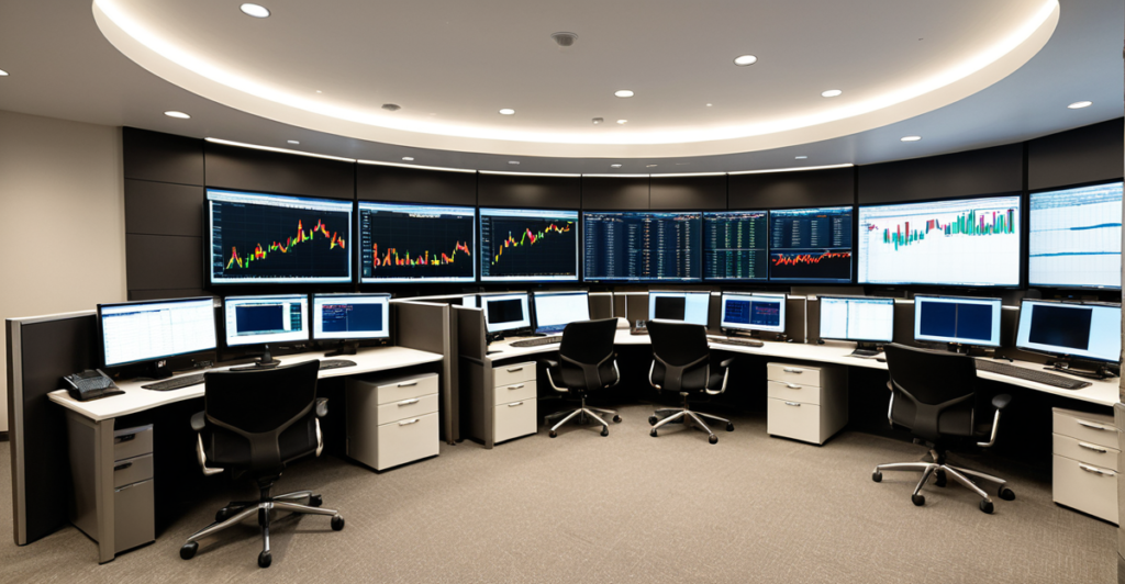 Modern institutional trading desk displaying real-time global market charts and financial data