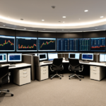 Modern institutional trading desk displaying real-time global market charts and financial data