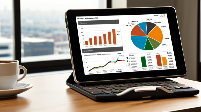 Financial analyst tablet displaying asset allocation charts and global economic reports on a desk