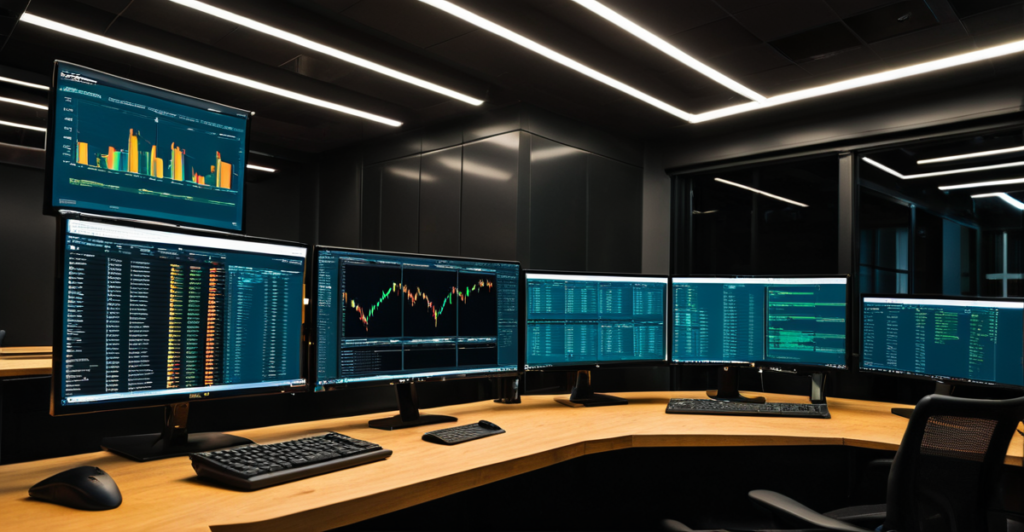 High-tech server room with glowing indicator lights, representing the infrastructure behind digital assets.