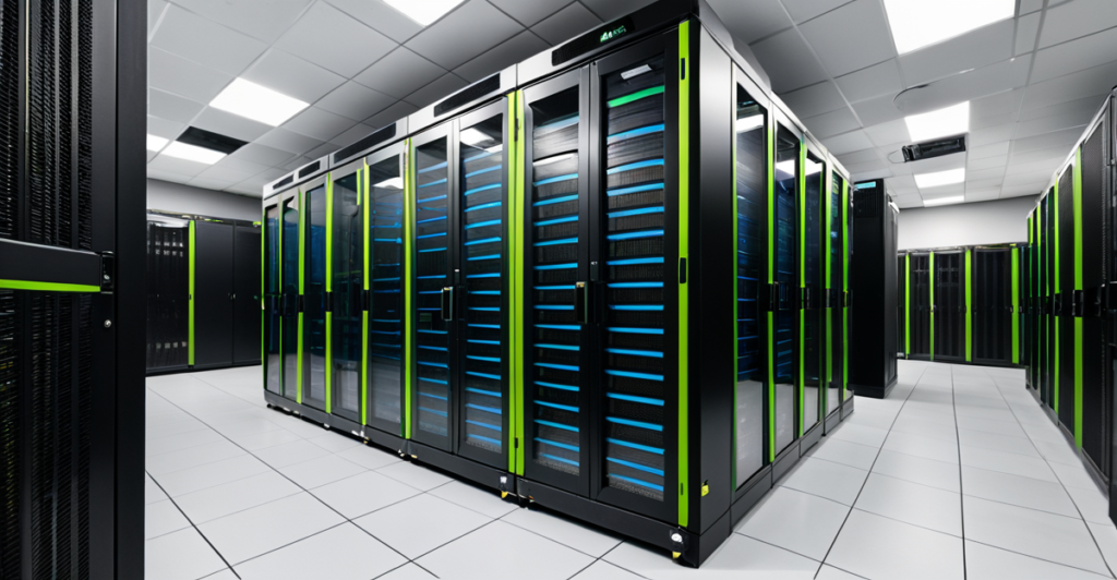 High-density GPU server racks in a modern data center representing the physical infrastructure of AI technology.