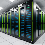 High-density GPU server racks in a modern data center representing the physical infrastructure of AI technology.