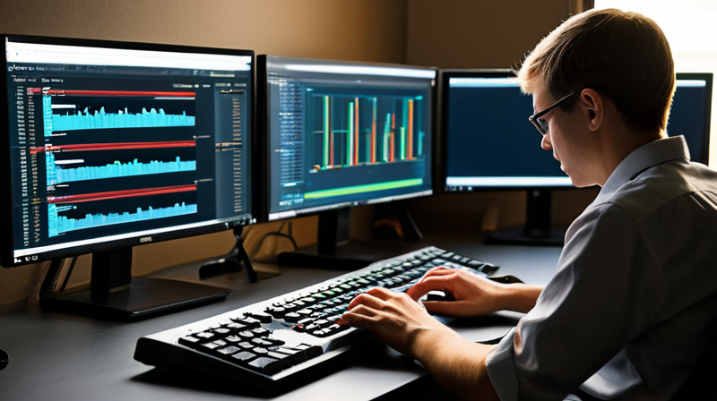 A software developer workstation displaying active AI agent workflows and code on multiple monitors.