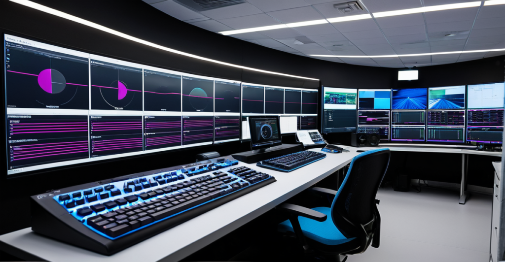 High-tech media workstation with multi-layered video editing dashboards representing Gemini Omni development.
