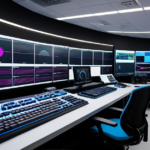 High-tech media workstation with multi-layered video editing dashboards representing Gemini Omni development.