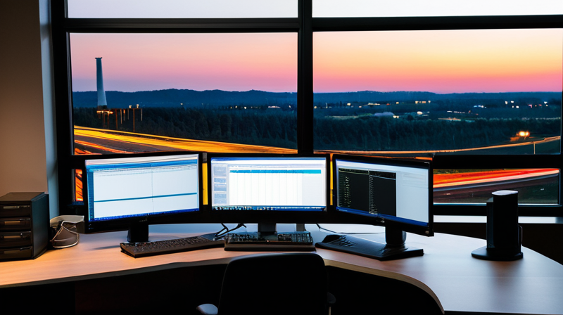 Workstation with multiple monitors showing automated software orchestration and API integrations