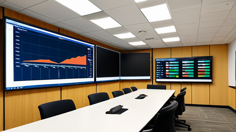 An empty modern conference room showing real-time AI performance metrics on a large wall display