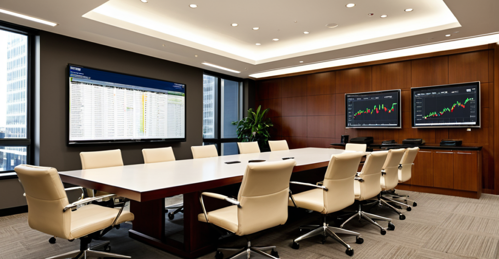 A modern corporate boardroom with a large display showing financial charts and market indices