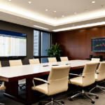 A modern corporate boardroom with a large display showing financial charts and market indices