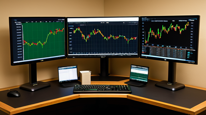 A professional trading desk setup featuring multiple monitors with real-time stock charts