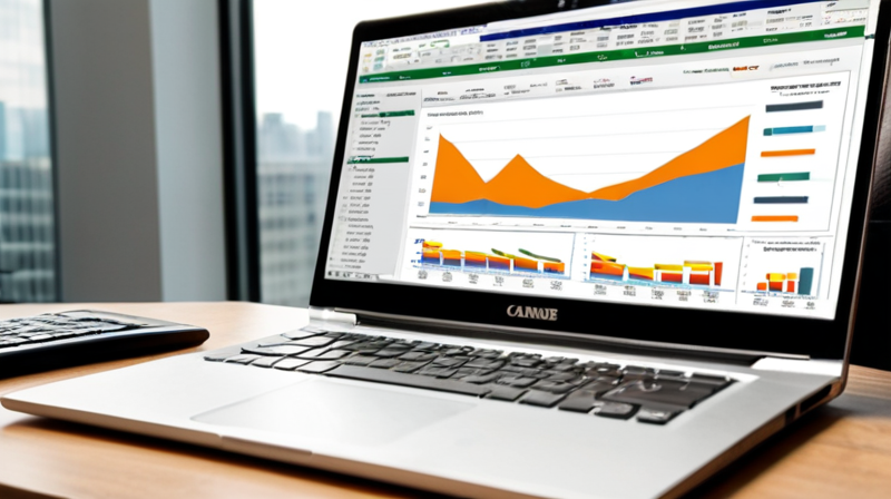 An analyst's workspace featuring a laptop with a balance sheet spreadsheet and an open financial report