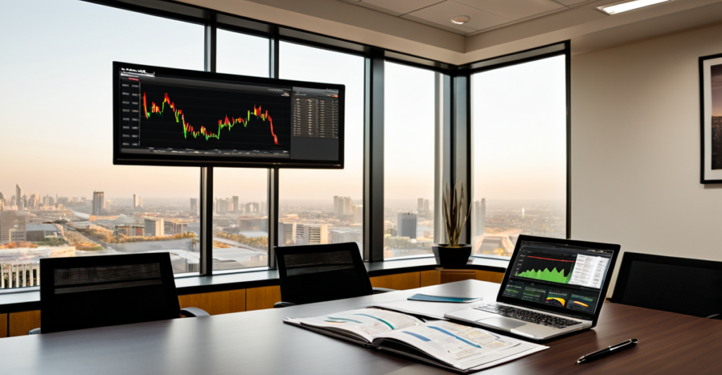 Modern corporate boardroom with financial reports and digital portfolio dashboard on the table