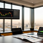 Modern corporate boardroom with financial reports and digital portfolio dashboard on the table