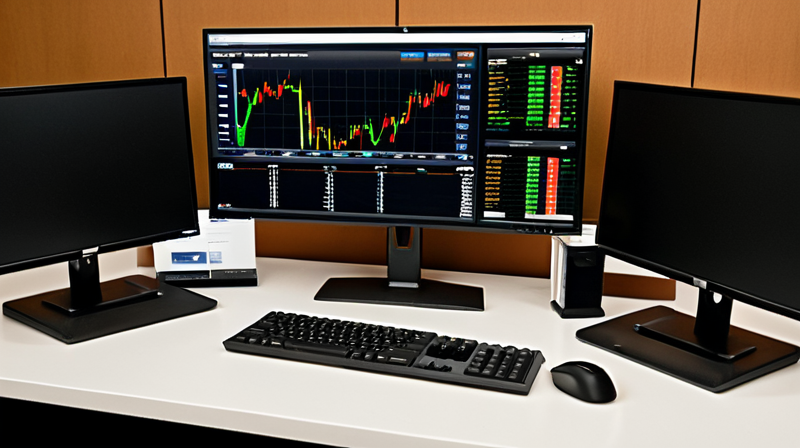 Dual-monitor trading desk showing technical charts and asset allocation models