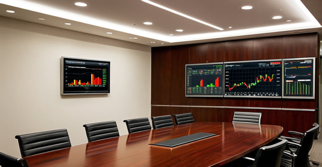 Modern corporate boardroom showing financial charts on a display screen