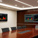 Modern corporate boardroom showing financial charts on a display screen