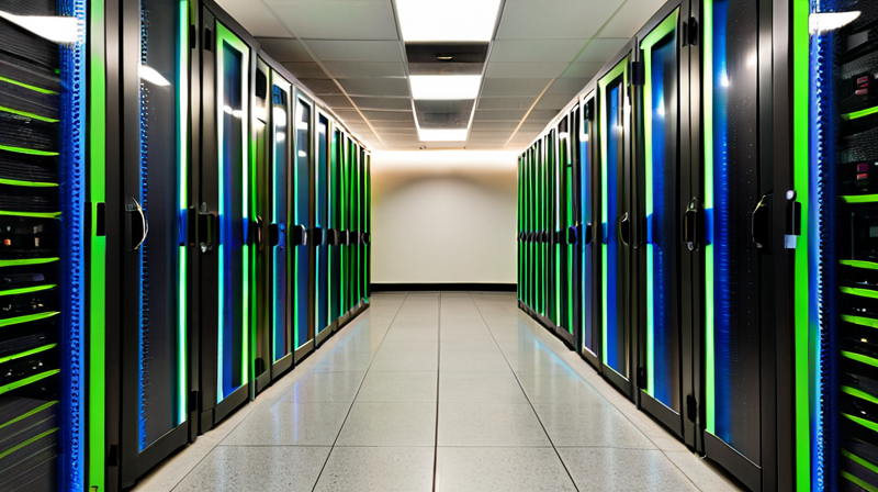 Modern telecommunications server room with rows of active server racks