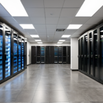 Advanced GPU server racks in a modern Beijing data center representing Moonshot AI hardware infrastructure.
