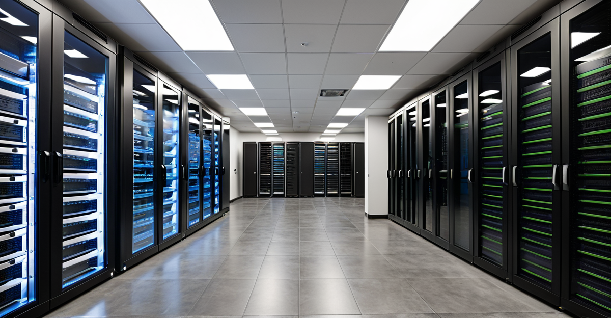 Advanced GPU server racks in a modern Beijing data center representing Moonshot AI hardware infrastructure.