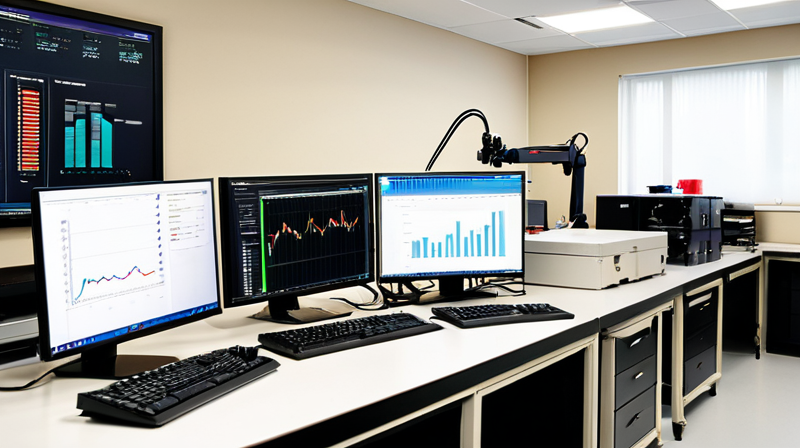AI research lab with calibration equipment and processing performance dashboards.