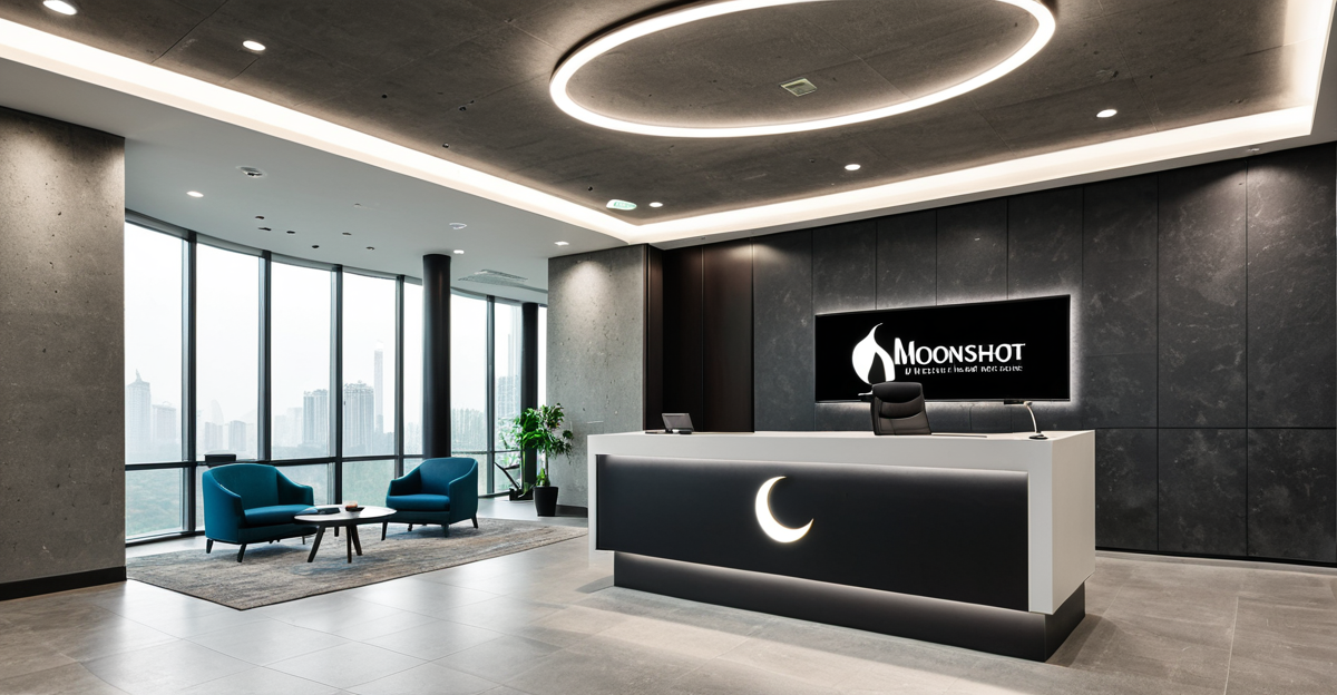 Sleek corporate lobby of Moonshot AI headquarters in Beijing
