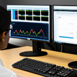 A minimalist workstation displaying data visualization and code logs on a high-resolution screen