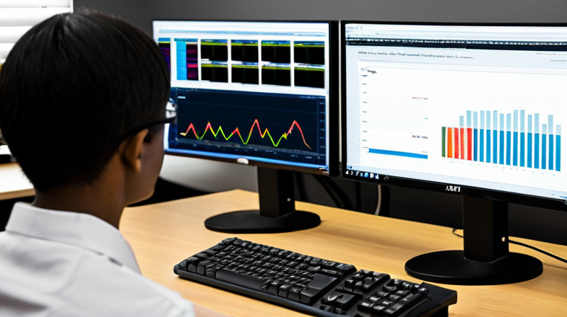 A minimalist workstation displaying data visualization and code logs on a high-resolution screen