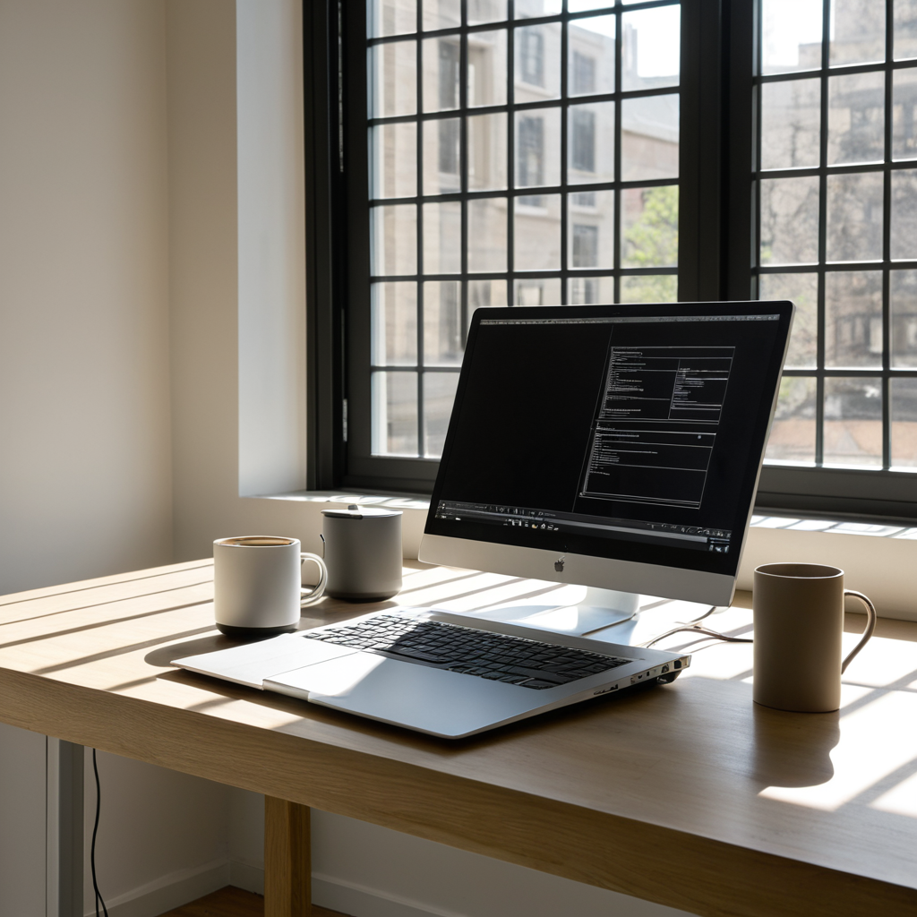A medium-focal shot of a clean, minimalist software engineering workstation in a sunlit architectural office. A matte aluminum laptop displays neutral wireframe