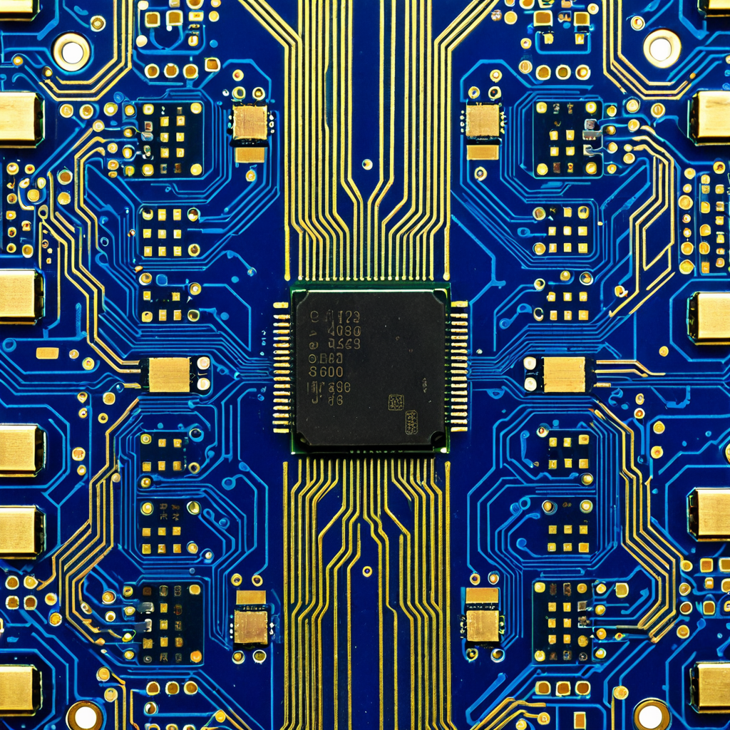 A close-up overhead macro photograph of an intricate printed circuit board with gold-plated trace routing and multi-tier modular chip sockets. Cool blue overhea